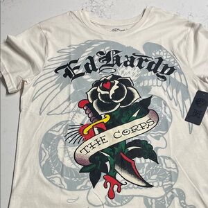 Ed Hardy Ivory  Graphic Tee Short Sleeves with Black and Red Accents